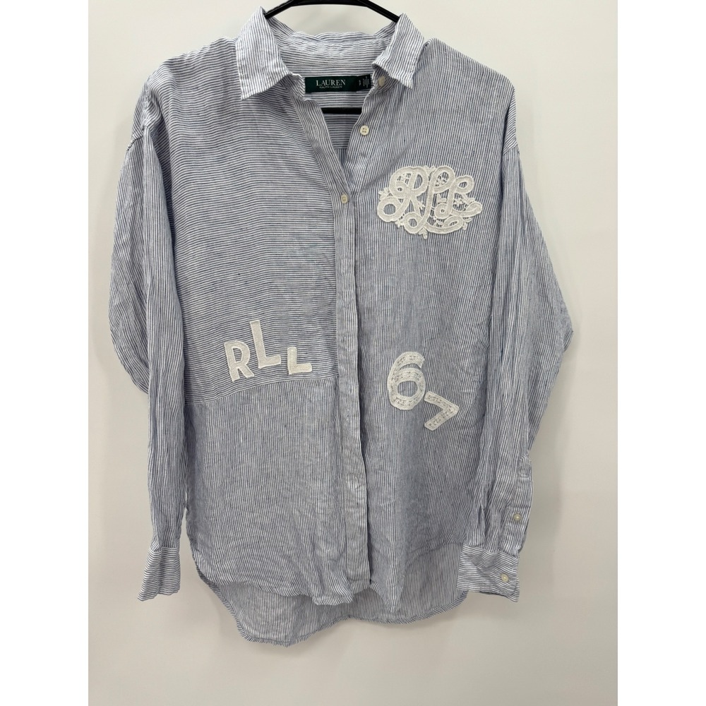 Lauren Ralph Lauren Striped 100% Linen Shirt Monogram Patch Womens Small